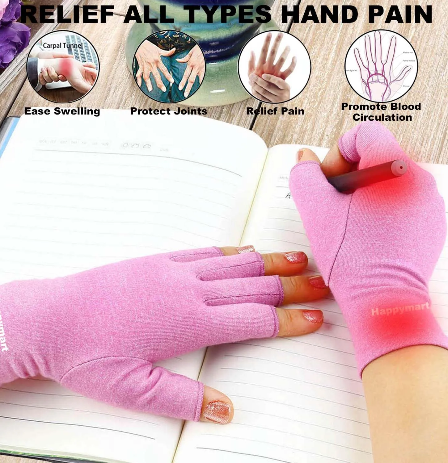 2 Pairs Arthritis Gloves, Hand Compression Gloves for Rheumatoid, Pain Relief, Carpal Tunnel, Swelling, Joint Support, Driving Fingerless Gloves for Women Men (Black   Pink, Medium) Medium (Pack of 4) Black pink