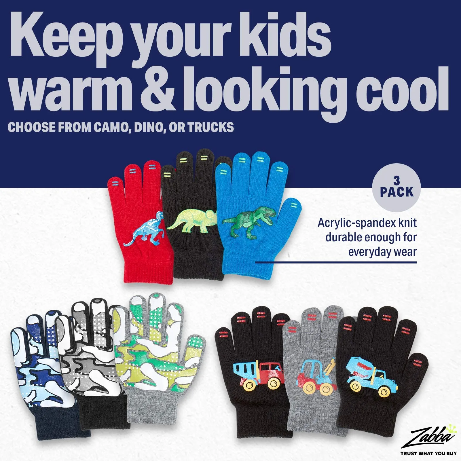3 Pack - Magic Stretch Winter Kids Gloves for Boys, Kid & Children, Toddler - Dino, Camo, Trucks 3-5 years old 14cm