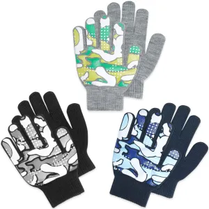 3 Pack - Magic Stretch Winter Kids Gloves for Boys, Kid & Children, Toddler - Dino, Camo, Trucks 3-5 years old 14cm