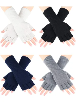 4 Pairs Long Fingerless Gloves Knitted Arm Warmers Winter Long Half Finger Mittens for Kids Black white gray navy Blue for 6-10 Years Old
