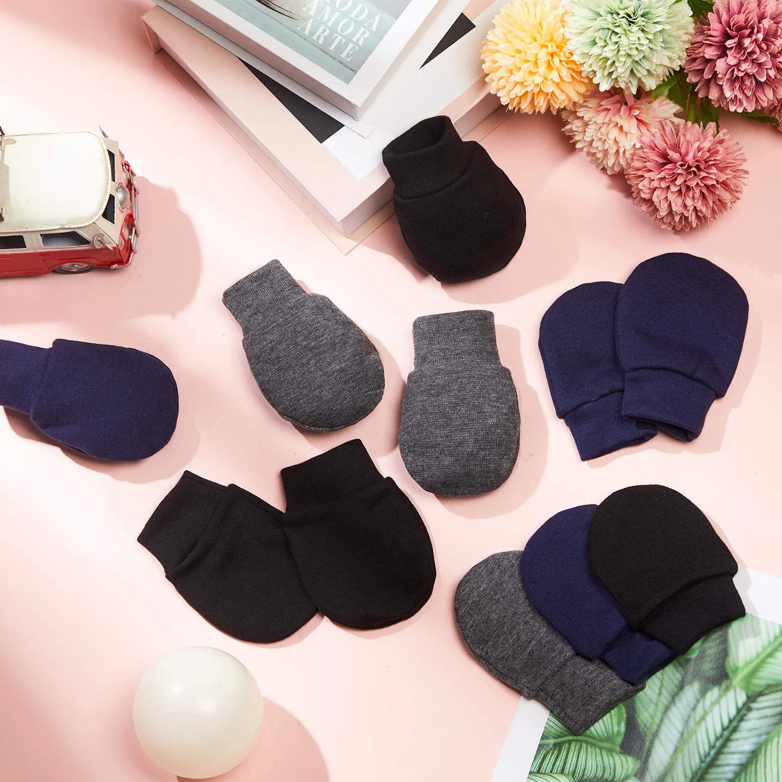 4 Pairs Newborn Baby Mittens Infant No Scratch Mittens Cotton Gloves 0-6 Months Gray, Navy Blue, Black, Dark Gray