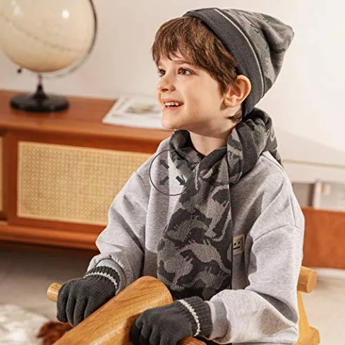 accsa Kid Boy Beanie Camo Reflective Knit Hat Gloves Scarf Set Grey Age 1-3