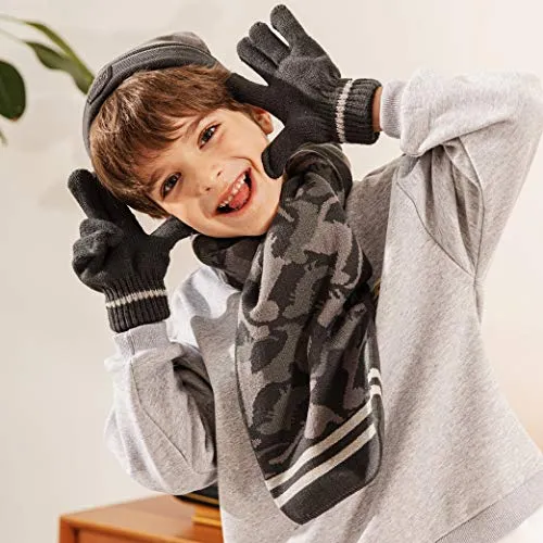 accsa Kid Boy Beanie Camo Reflective Knit Hat Gloves Scarf Set Grey Age 1-3
