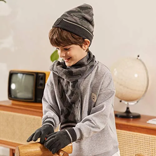accsa Kid Boy Beanie Camo Reflective Knit Hat Gloves Scarf Set Grey Age 1-3