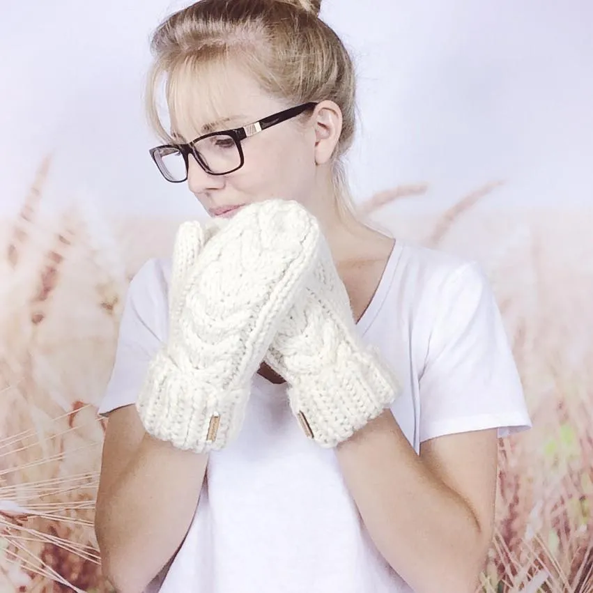 Cream White Cable Knit Hand Warmers, Knitted Winter Mittens for Women