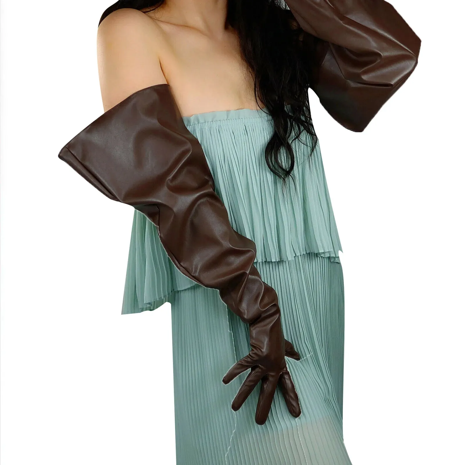 Dora Brown Leather Gloves Oversize Big PUFF SLEEVE Faux PU Over Outfit Coffee Loose L Winter Warm Club Halloween Cosplay Glove