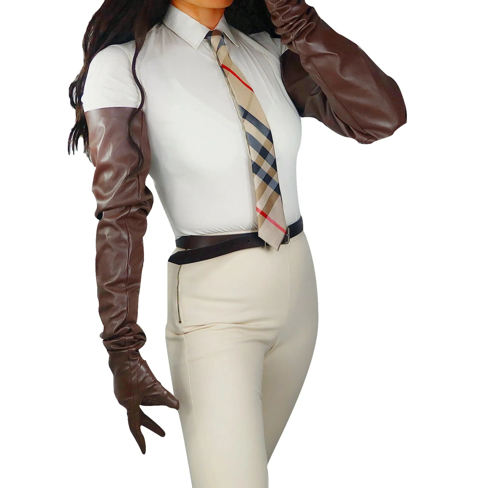 Dora Brown Leather Gloves Oversize Big PUFF SLEEVE Faux PU Over Outfit Coffee Loose L Winter Warm Club Halloween Cosplay Glove