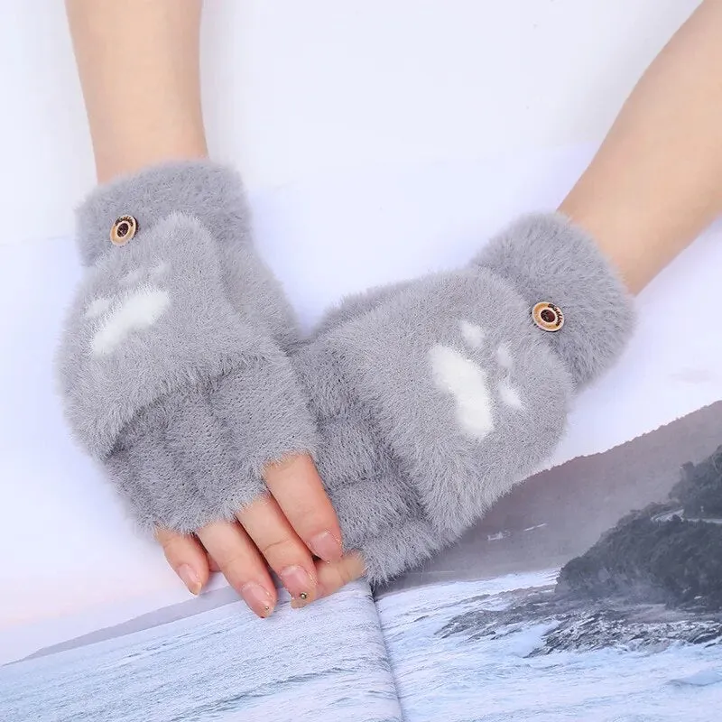 Fashion Women Plush Warm Glove Fur Rabbit Cat Mittens Flip Fingerless Gloves Soft Girls Thick Gloves Flexible Half Finger Winter