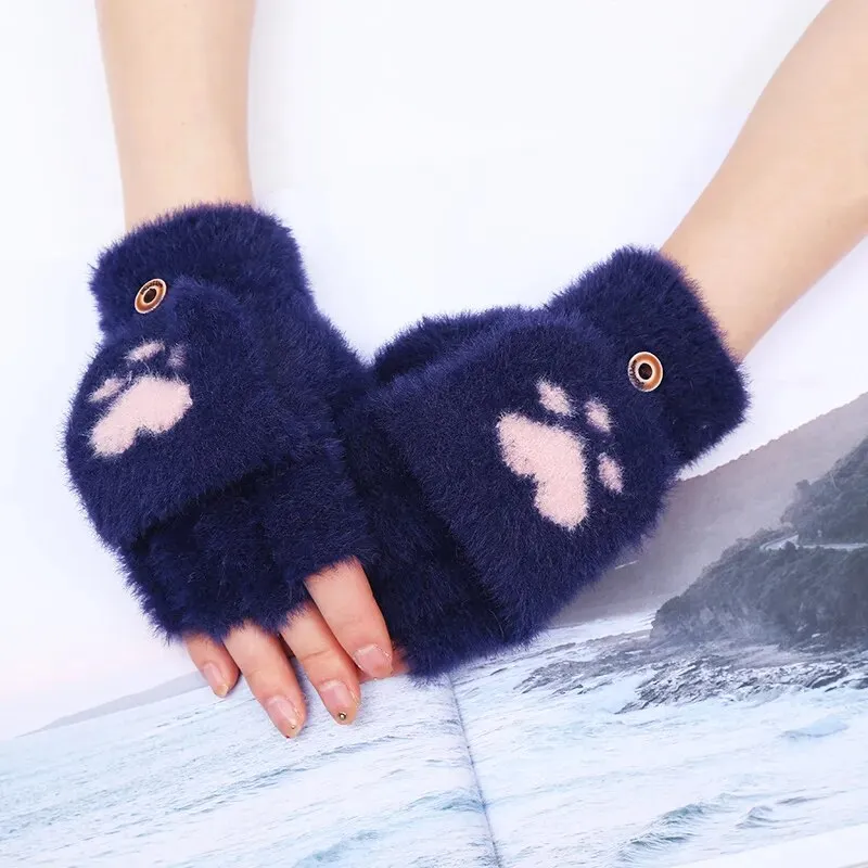Fashion Women Plush Warm Glove Fur Rabbit Cat Mittens Flip Fingerless Gloves Soft Girls Thick Gloves Flexible Half Finger Winter