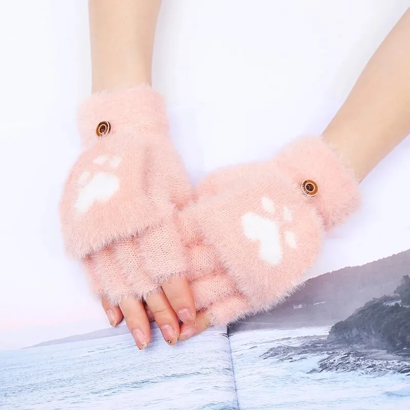 Fashion Women Plush Warm Glove Fur Rabbit Cat Mittens Flip Fingerless Gloves Soft Girls Thick Gloves Flexible Half Finger Winter