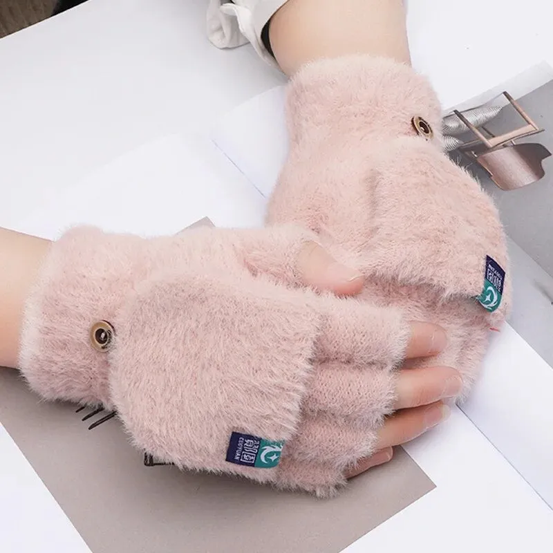 Fashion Women Plush Warm Glove Fur Rabbit Cat Mittens Flip Fingerless Gloves Soft Girls Thick Gloves Flexible Half Finger Winter