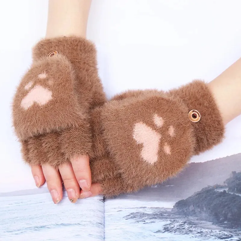 Fashion Women Plush Warm Glove Fur Rabbit Cat Mittens Flip Fingerless Gloves Soft Girls Thick Gloves Flexible Half Finger Winter