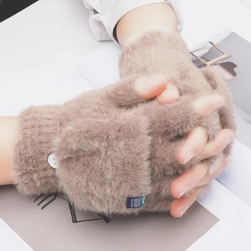 Fashion Women Plush Warm Glove Fur Rabbit Cat Mittens Flip Fingerless Gloves Soft Girls Thick Gloves Flexible Half Finger Winter