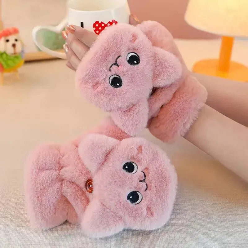 Fashion Women Plush Warm Glove Fur Rabbit Cat Mittens Flip Fingerless Gloves Soft Girls Thick Gloves Flexible Half Finger Winter