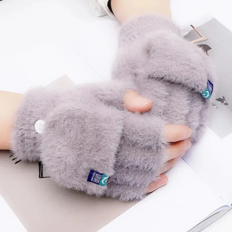 Fashion Women Plush Warm Glove Fur Rabbit Cat Mittens Flip Fingerless Gloves Soft Girls Thick Gloves Flexible Half Finger Winter
