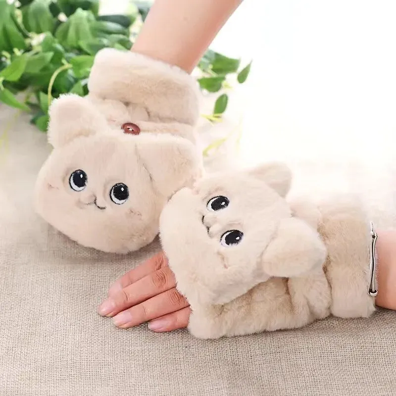 Fashion Women Plush Warm Glove Fur Rabbit Cat Mittens Flip Fingerless Gloves Soft Girls Thick Gloves Flexible Half Finger Winter