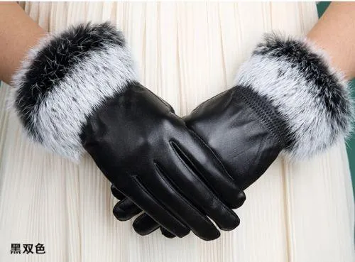 Genuine Leather Black Sheepskin Women Leather Gloves Warm Rabbit Fur Mittens