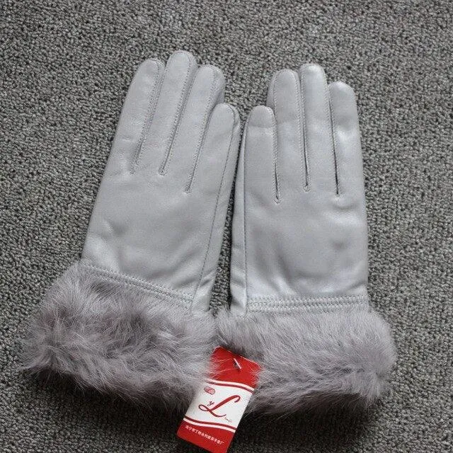 Genuine Leather Black Sheepskin Women Leather Gloves Warm Rabbit Fur Mittens