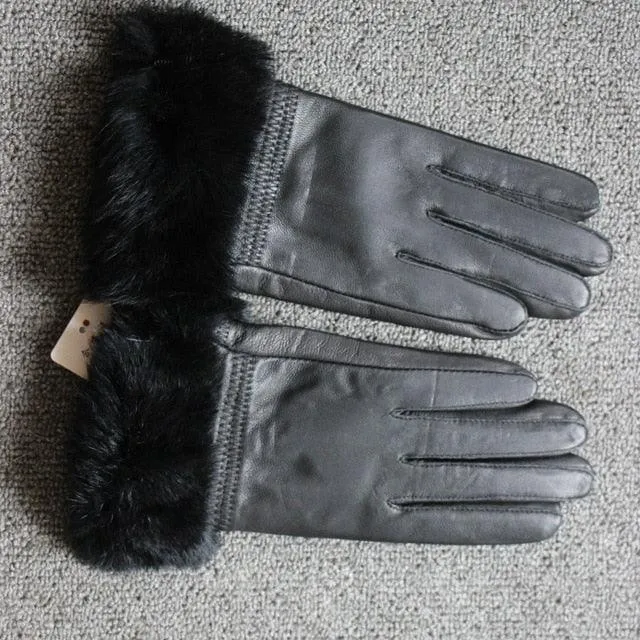 Genuine Leather Black Sheepskin Women Leather Gloves Warm Rabbit Fur Mittens