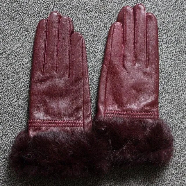 Genuine Leather Black Sheepskin Women Leather Gloves Warm Rabbit Fur Mittens