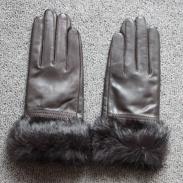 Genuine Leather Black Sheepskin Women Leather Gloves Warm Rabbit Fur Mittens