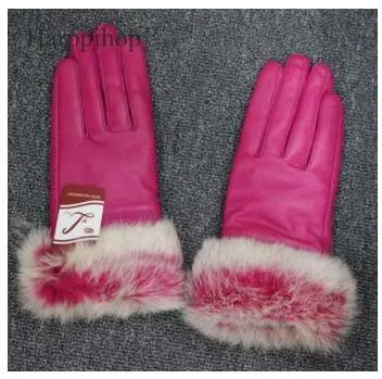 Genuine Leather Black Sheepskin Women Leather Gloves Warm Rabbit Fur Mittens