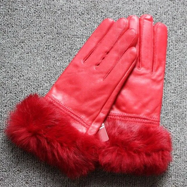 Genuine Leather Black Sheepskin Women Leather Gloves Warm Rabbit Fur Mittens
