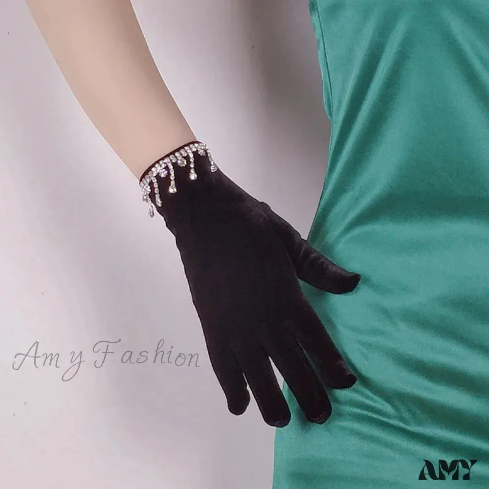 Golden Velvet Tassel Rhinestone Full Finger Christmas Glove for Makeup Party Opera Dance