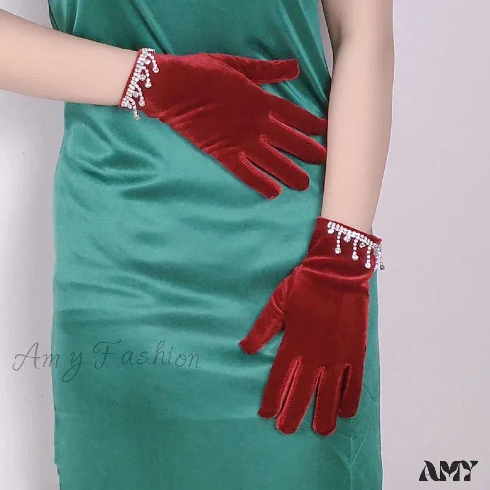 Golden Velvet Tassel Rhinestone Full Finger Christmas Glove for Makeup Party Opera Dance