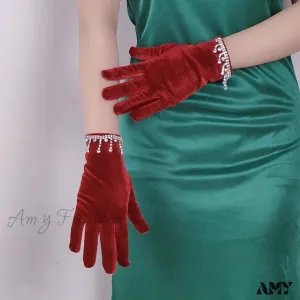 Golden Velvet Tassel Rhinestone Full Finger Christmas Glove for Makeup Party Opera Dance