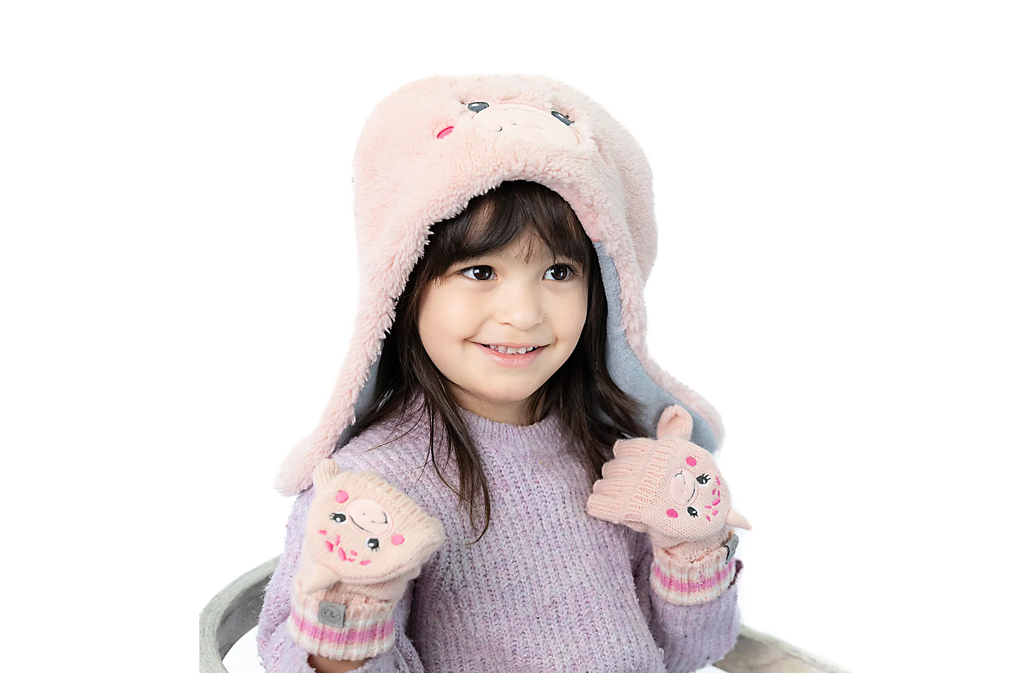 Kids Knitted Fingerless Gloves with Mitten Flaps - Dino Pink