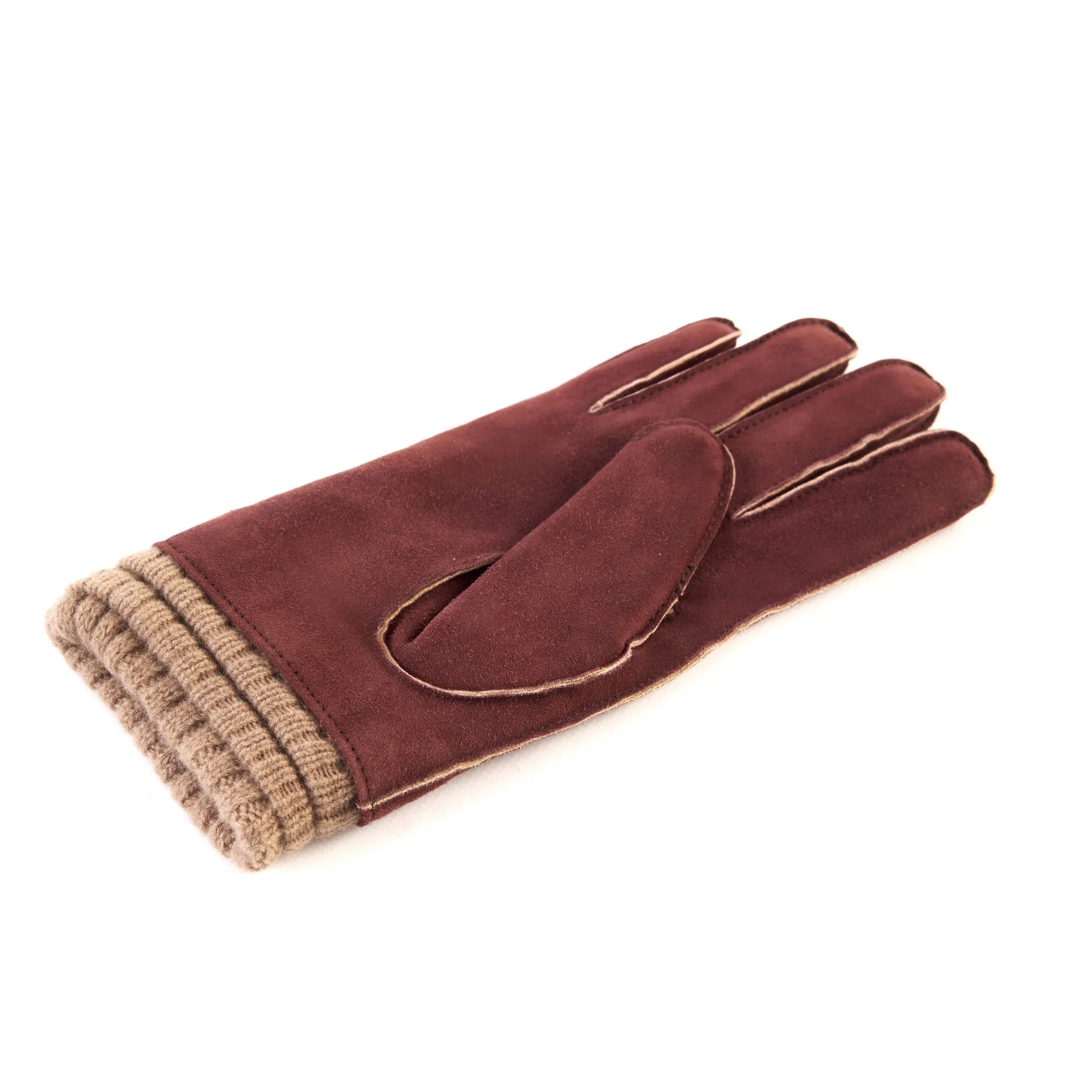 Men's bordeaux suede leather gloves with cashmere lining and plissè cuff