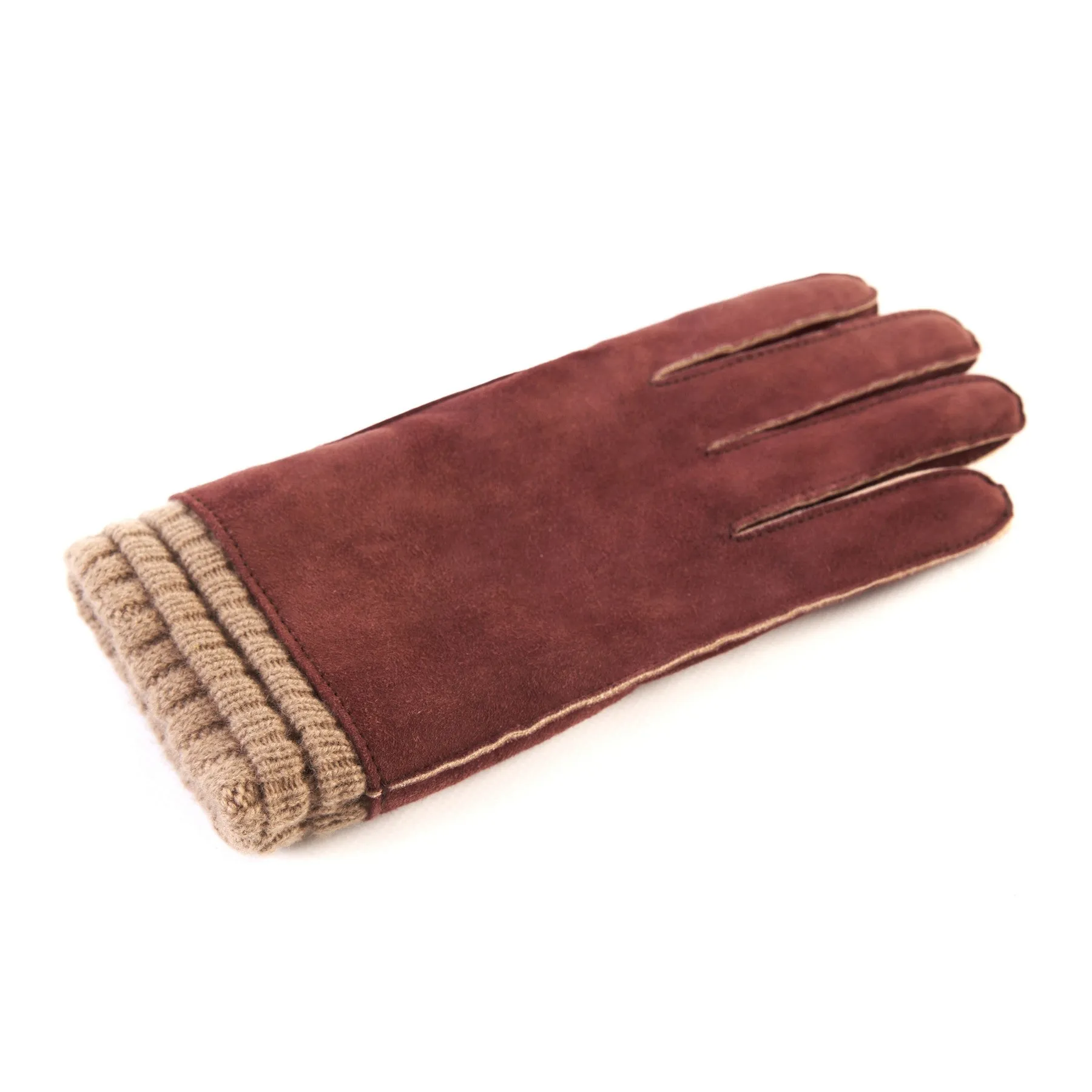Men's bordeaux suede leather gloves with cashmere lining and plissè cuff