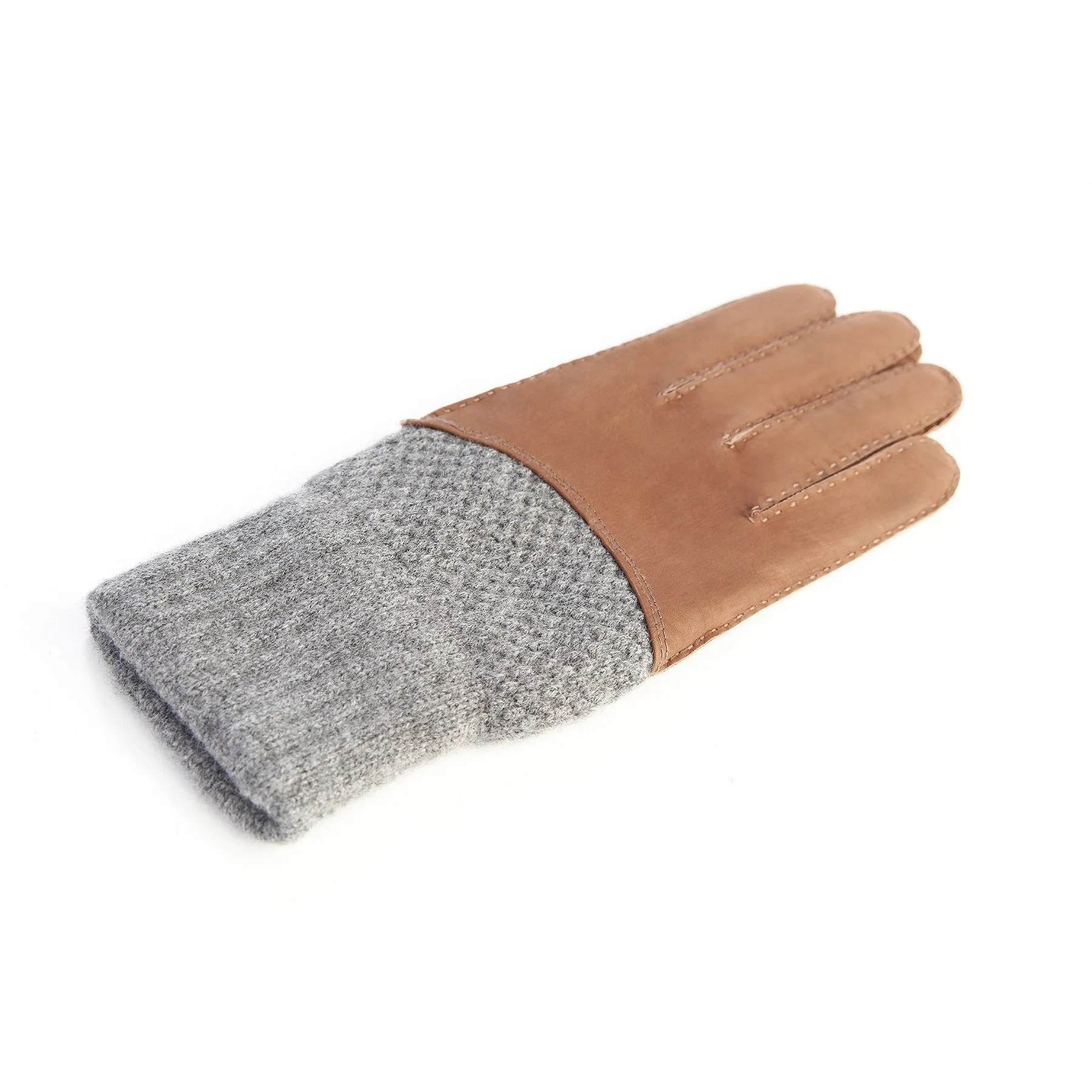 Men's hand-stitched nubuk gloves in color tobacco with grey cashmere top and lining