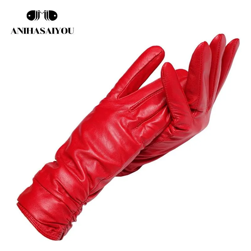 New Fashion Leather Gloves Short Style For Women Wrist Adjustable Winter Warm Gloves, Touchscreen Gloves