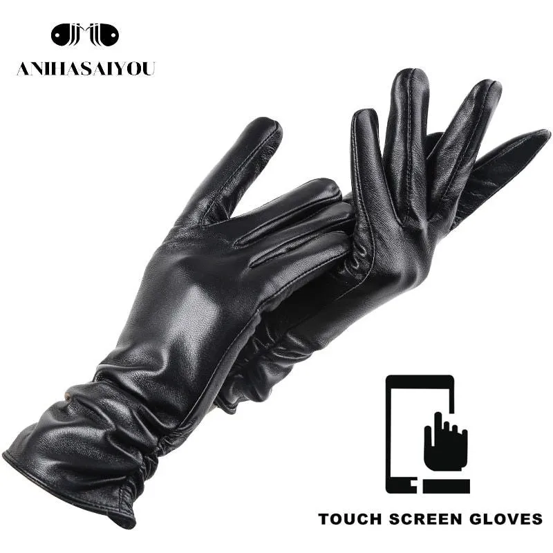 New Fashion Leather Gloves Short Style For Women Wrist Adjustable Winter Warm Gloves, Touchscreen Gloves