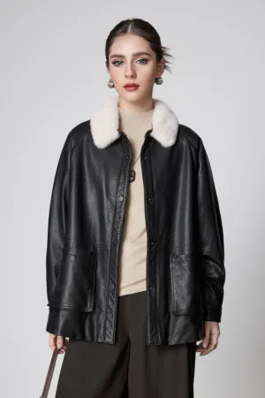 Premium Leather Down Jacket With Mink Fur Collar