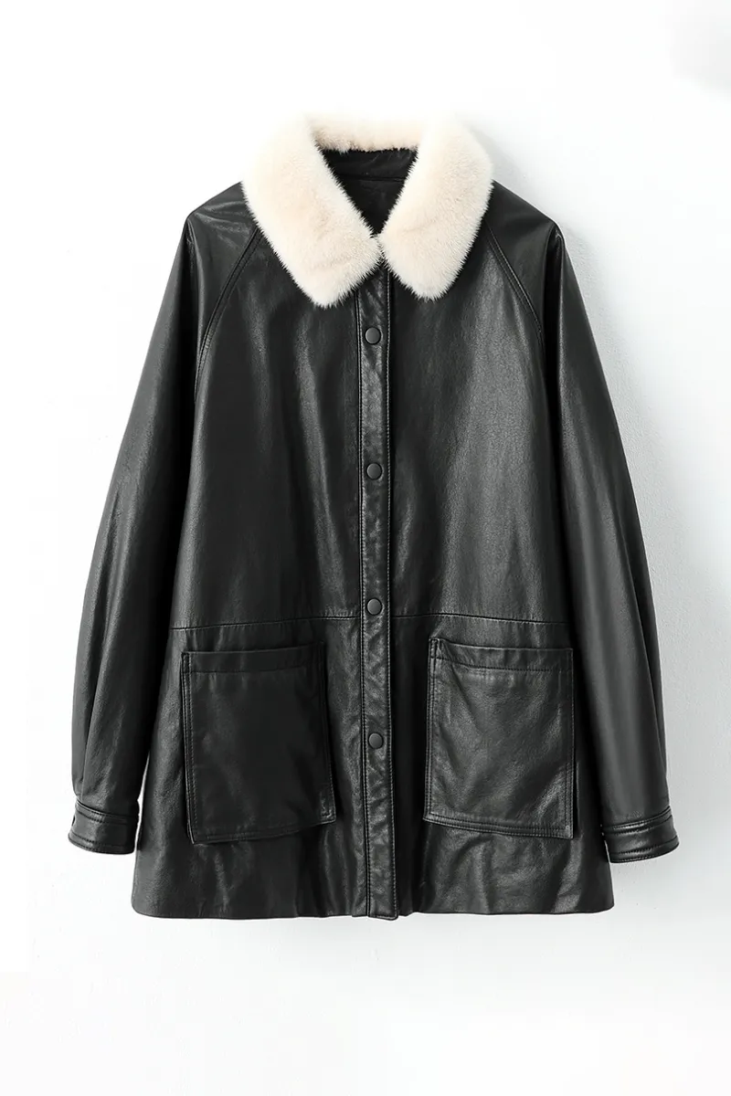 Premium Leather Down Jacket With Mink Fur Collar