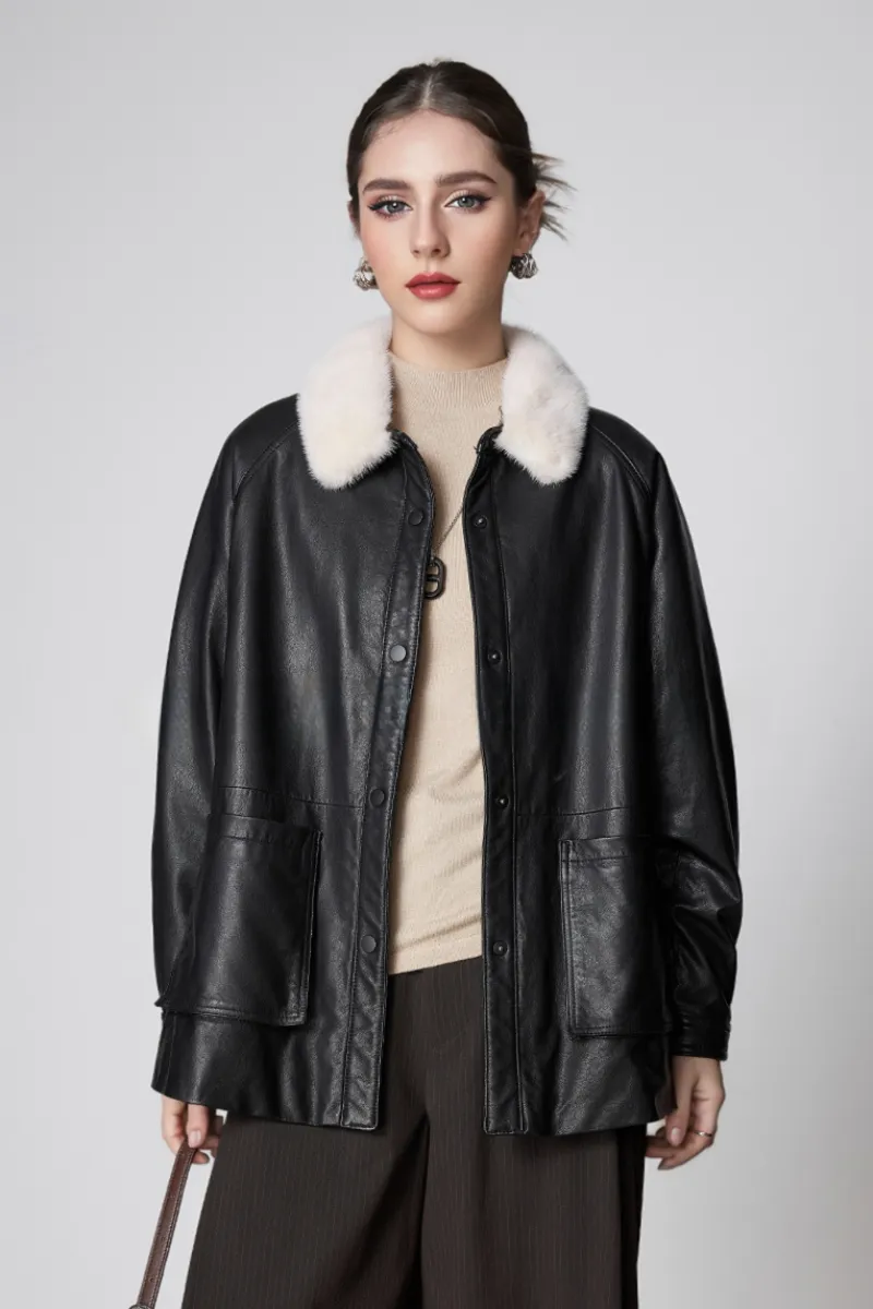 Premium Leather Down Jacket With Mink Fur Collar