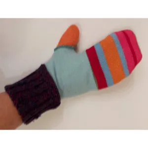 Upcycled repurposed sweater fabrics into knit winter mittens