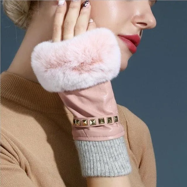 Women's Fingerless Gloves Genuine Leather Rabbit fur mittens gloves
