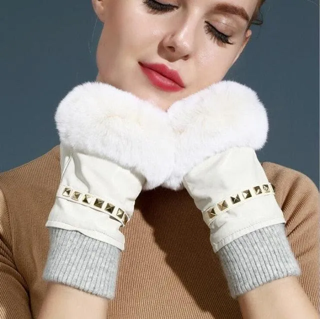 Women's Fingerless Gloves Genuine Leather Rabbit fur mittens gloves