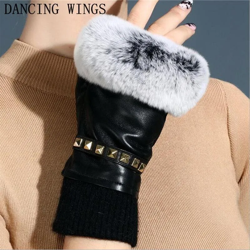 Women's Fingerless Gloves Genuine Leather Rabbit fur mittens gloves