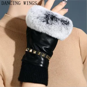 Women's Fingerless Gloves Genuine Leather Rabbit fur mittens gloves