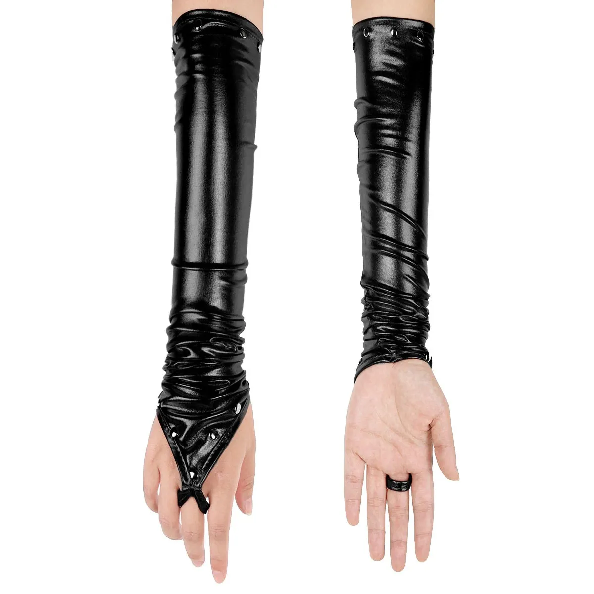 Women's PU Leather Long Gloves with Rivets / Goth Punk Fingerless Gloves