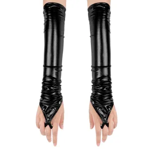 Women's PU Leather Long Gloves with Rivets / Goth Punk Fingerless Gloves