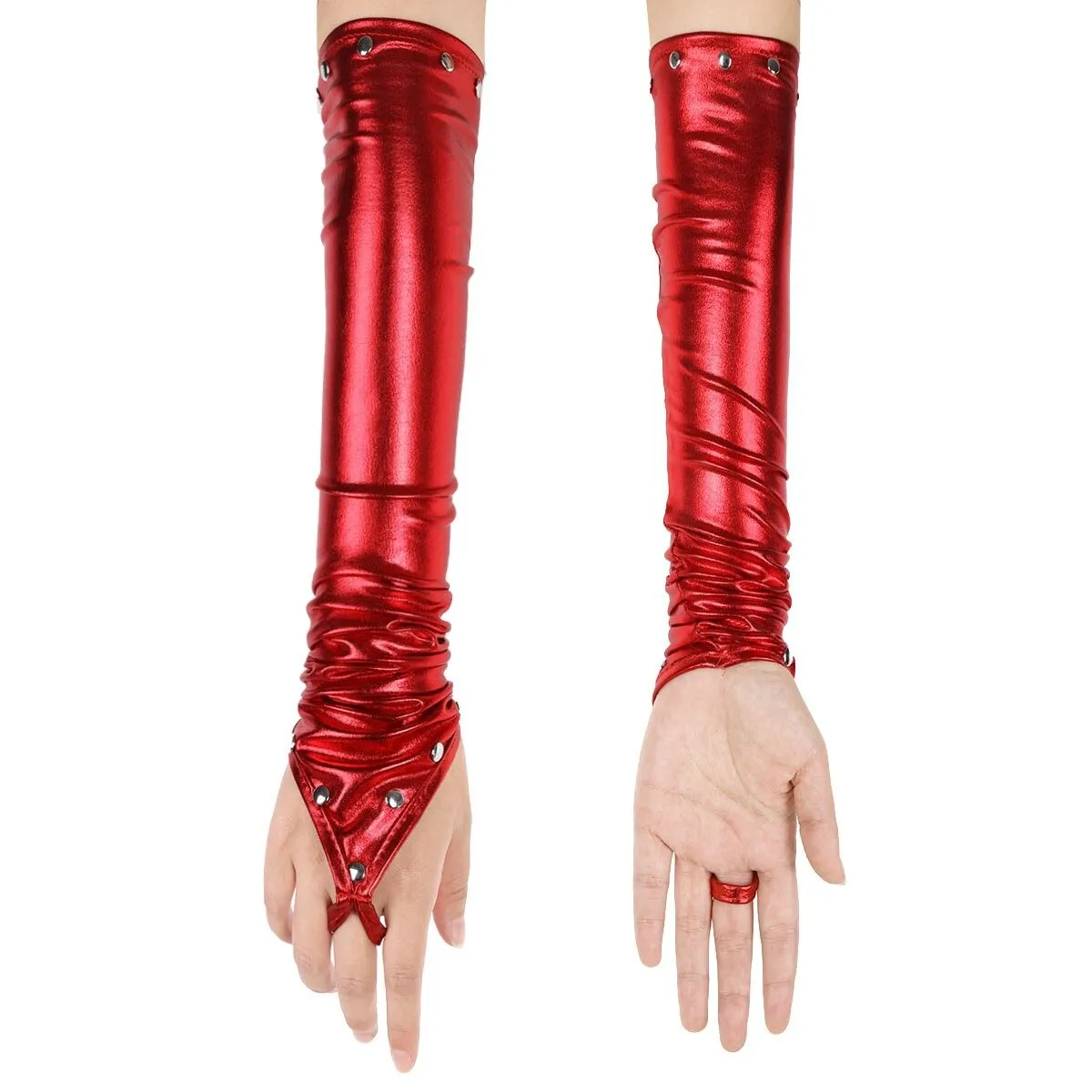 Women's PU Leather Long Gloves with Rivets / Goth Punk Fingerless Gloves