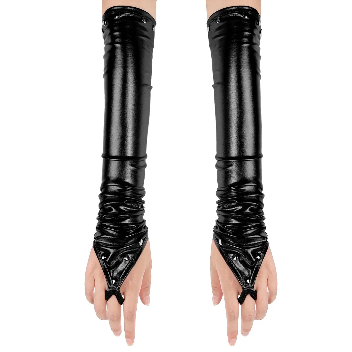Women's PU Leather Long Gloves with Rivets / Goth Punk Fingerless Gloves