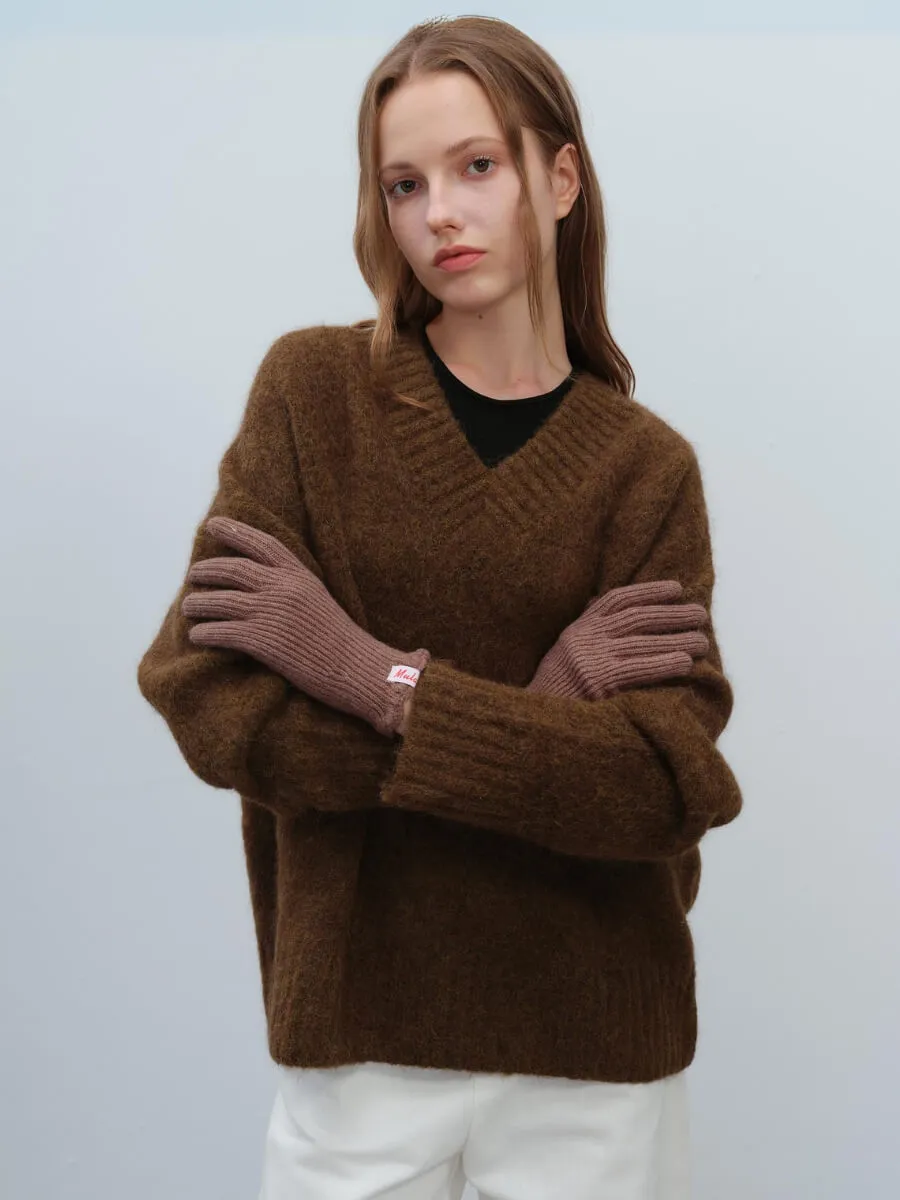 Wool Blend Curve Seam Knit Mittens