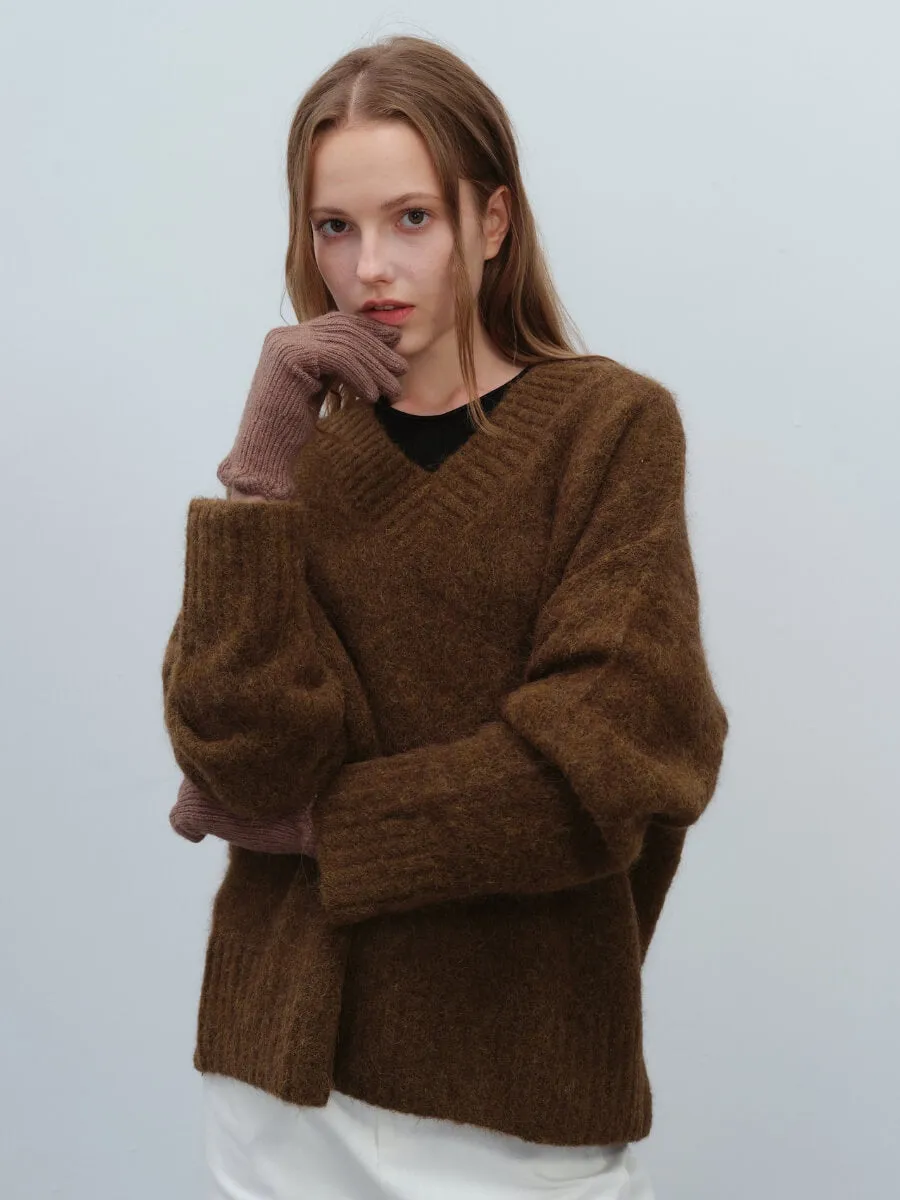 Wool Blend Curve Seam Knit Mittens